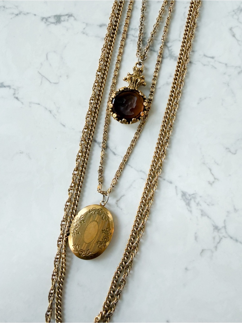 Vintage Goldette Gold-Tone Layered Locket and Cameo Necklace